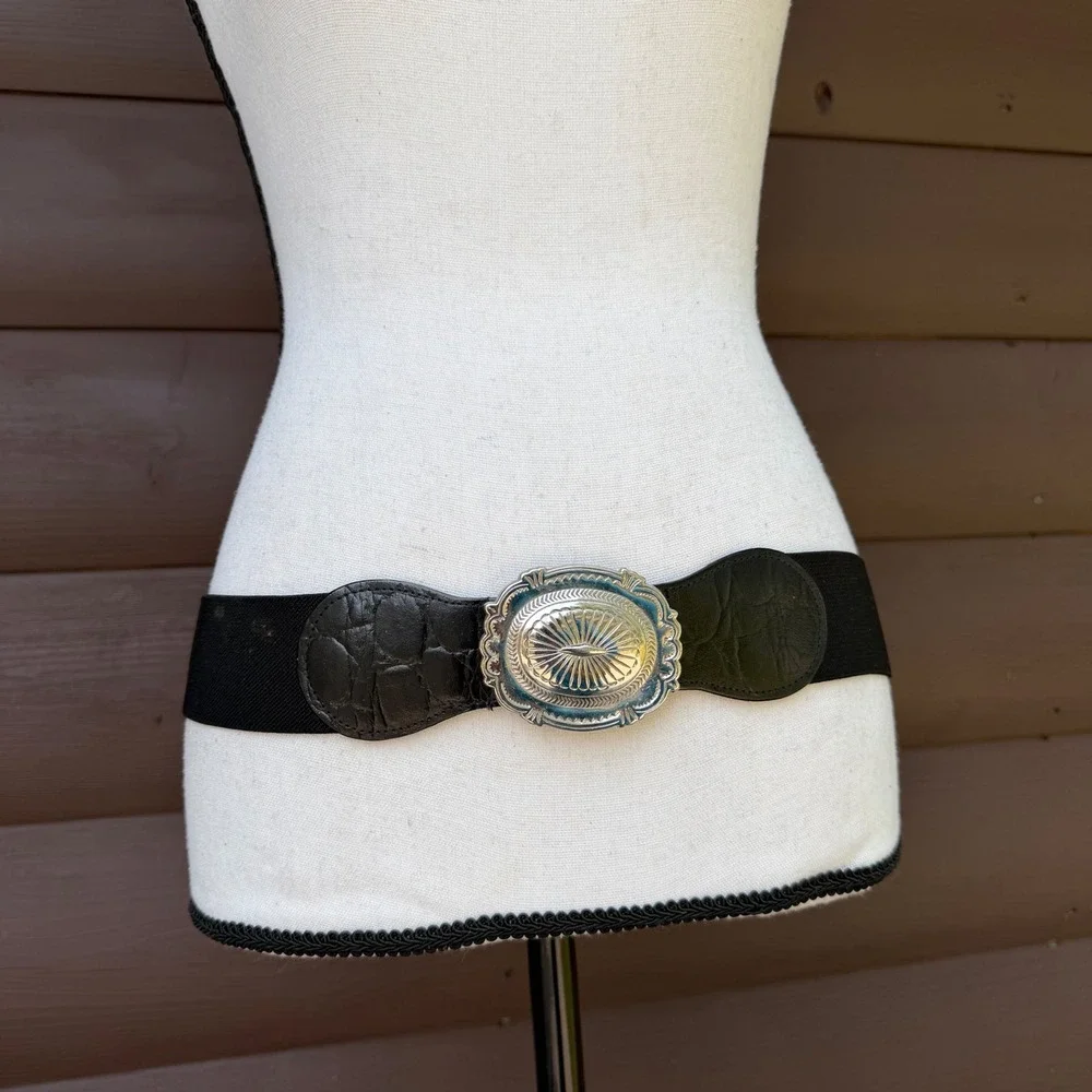 Western Concho Cinch Belt Womens M Black Silver Ornate Buckle Elastic Wide